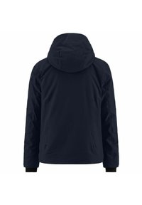 Giacca impermeabile blu navy con cappuccio, tessuto testurizzato, maniche lunghe e polsini elasticizzati. Presenta un design semplice e senza decorazioni.