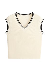 Gilet sans manches en tricot crème avec bordure rayée noire et blanche au niveau du col en V et des emmanchures.