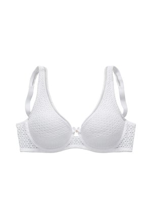 White lace padded bra with adjustable straps and a small central bow detail, shown flat against a white background.