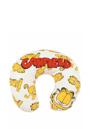 U-förmiges weißes Reisekissen mit mehreren kleinen Garfield-Katzenmotiven und großem roten "GARFIELD"-Text in der Mitte.