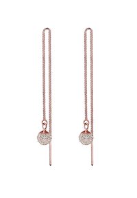 Boucles d'oreilles en or rose avec de longues chaînes fines et des pendentifs ronds scintillants avec une surface texturée. Design minimaliste avec des accents élégants.