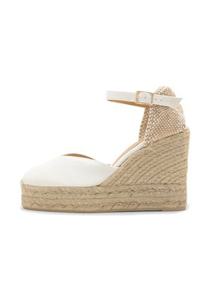 Sandalo con zeppa in tela bianca, zeppa in iuta intrecciata, cinturino alla caviglia con fibbia dorata e contrafforte del tallone beige testurizzato.