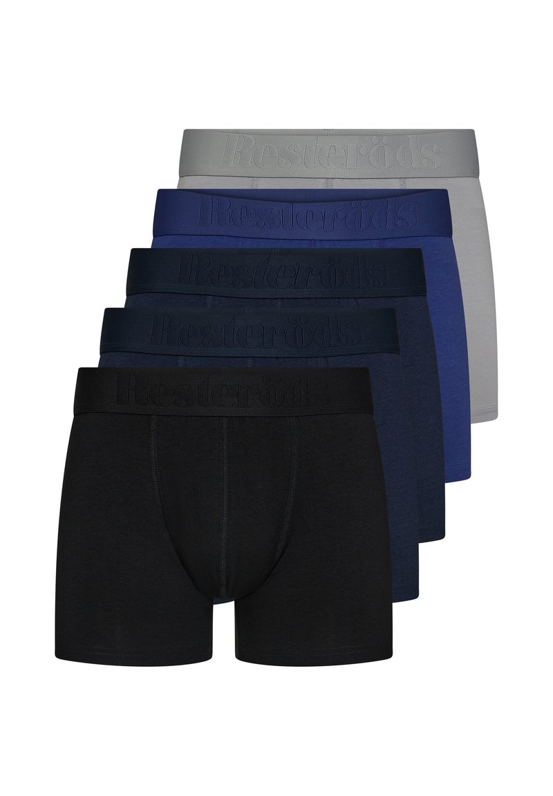 Five pairs of boxer shorts in black, navy, dark blue, gray, and light gray. Each features a textured waistband with "Resteröds" logo.