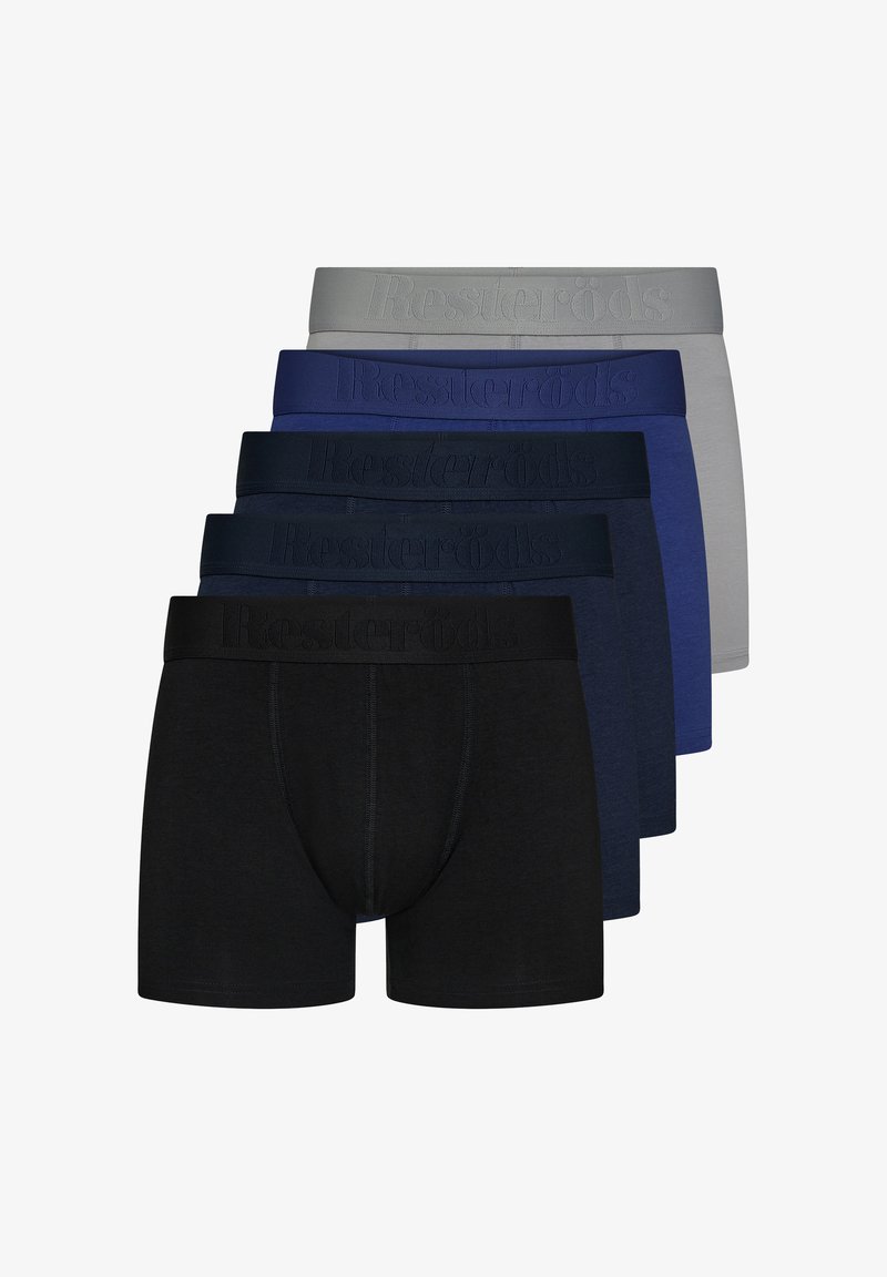 Five pairs of boxer shorts in black, navy, dark blue, gray, and light gray. Each features a textured waistband with "Resteröds" logo.