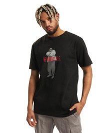 Black cotton t-shirt featuring a graphic print of The Notorious B.I.G. in gray with red text. Short sleeves and a crew neckline.