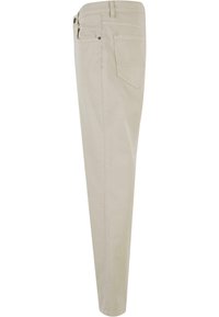 Pantalones de algodón beige con corte ajustado, que presentan bolsillos delanteros y traseros, y un cierre con un solo botón en la cintura. Textura suave.