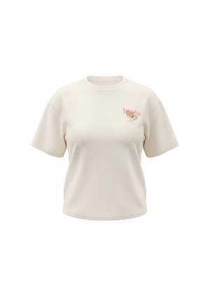 Kortærmet cremefarvet T-shirt med lille tegneserie-bjørn og pink ""Switch Pink""-tekst på venstre bryst, vist på ensfarvet hvid baggrund.