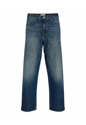 Blaue Straight-Leg-Jeans mit fünf Taschen und Knopf- sowie Reißverschluss, auf weißem Hintergrund dargestellt.
