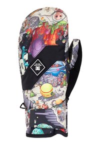 Fäustlinge mit einem bunten Grafikdesign, das verschiedene Cartoonfiguren und Planeten zeigt, schwarzen Stoffakzenten und einem strukturierten Handgelenkgurt.