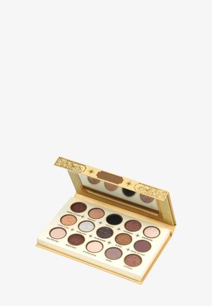 Opened gold eyeshadow palette with 15 shimmer and matte shades labeled with names like Starshine, Nebulight, and Aura, mirror inside the lid.