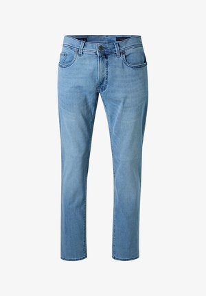Helle blaue Jeans aus Denim mit geradem Schnitt, fünf Taschen und Knopfverschluss. Der Stoff hat eine weiche, leicht ausgebleichte Textur.