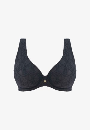 Zwarte bh met een getextureerd geometrisch patroon, brede bandjes en een gouden hardware detail in het midden. Heeft een gladde, naadloze vorm.