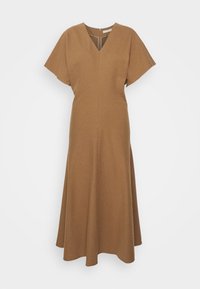 Robe midi marron à manches courtes avec un décolleté en V et une jupe évasée, dotée d'une fermeture éclair au dos.