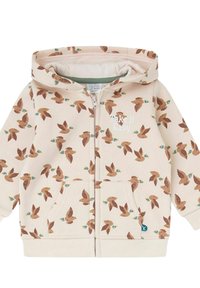 Sudadera con capucha para niño pequeño en color beige con estampado de patos voladores por toda la prenda, cremallera frontal, bolsillo canguro y texto blanco "Take It Easy" en el pecho.