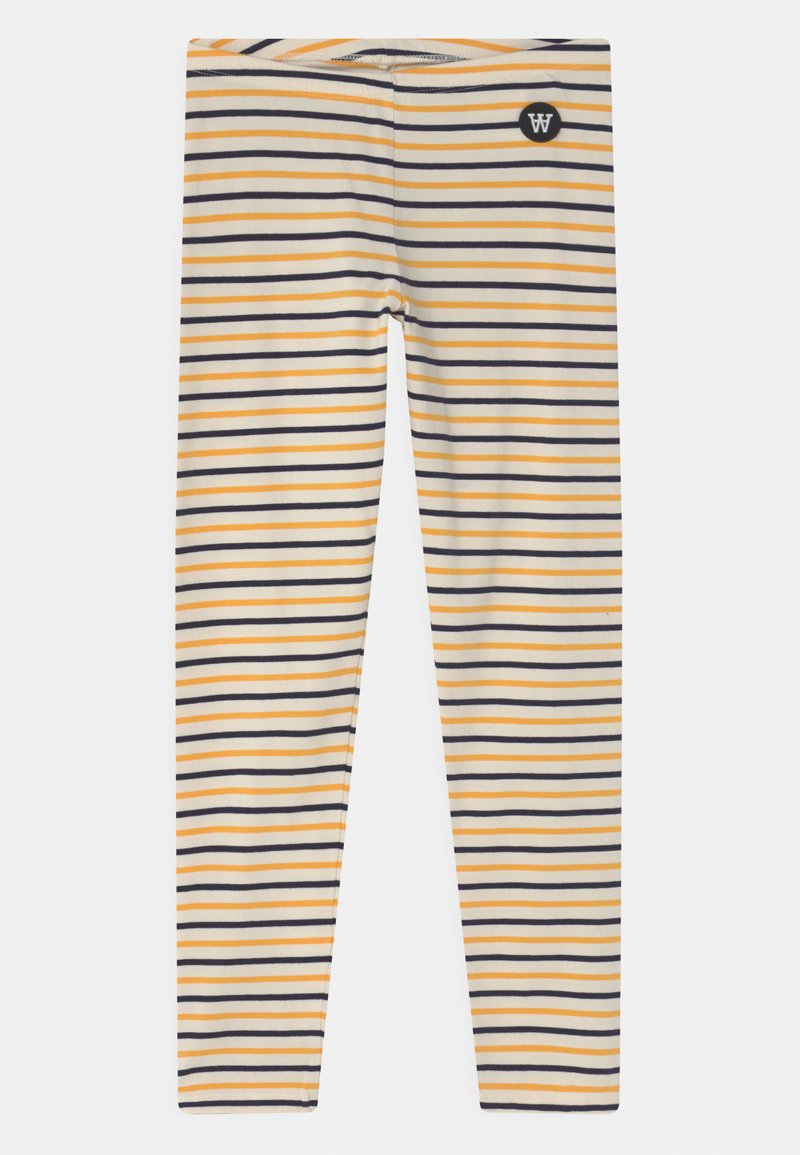 Leggings listrados em amarelo, branco e azul-marinho. Apresentam um design ajustado com um cós elástico e um pequeno emblema na parte superior da perna.