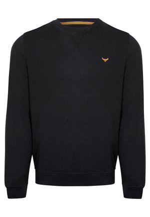 Schwarzer Pullover mit Rundhalsausschnitt und langen Ärmeln. Merkmale ein kleines oranges Logo auf der Brust sowie gerippte Bündchen und Saum. Glatte Textur.