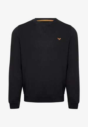 Zwarte sweatshirt met een ronde hals en lange mouwen. Bevat een klein oranje logo op de borst en ribgebreide mouwen en onderkant. Zachte textuur.