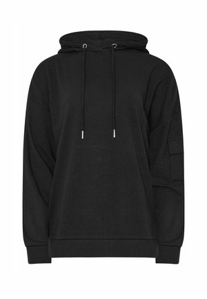 Schwarzer Hoodie aus strukturiertem Stoff, mit Kapuze mit Kordelzug, langen Ärmeln und einer seitlichen Taschenansicht. Einfaches und funktionales Design.