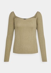 Metaliczna złota bluzka z długim rękawem o miękkiej, żeberkowej teksturze, z szerokim kwadratowym dekoltem i dopasowanym krojem.