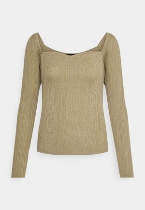 Top lungo a maniche di colore oro metallizzato con una morbida texture a coste, caratterizzato da un ampio scollo quadrato e una silhouette aderente.