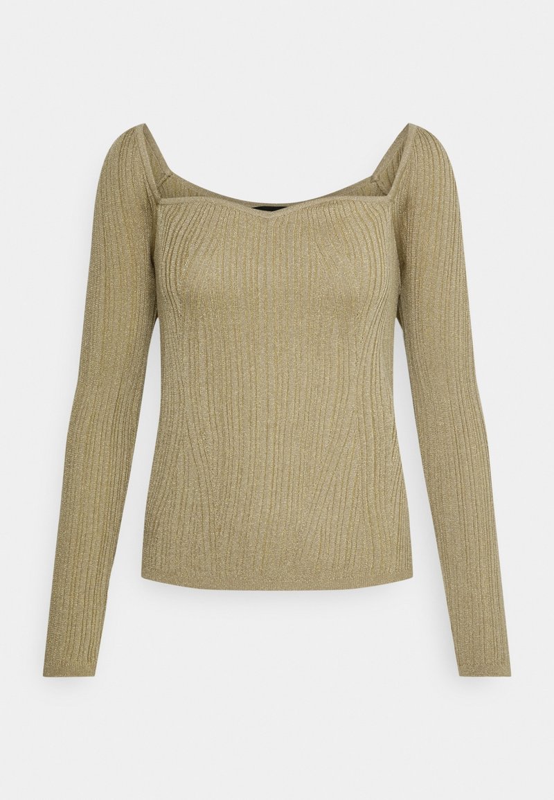 Metaliczna złota bluzka z długim rękawem o miękkiej, żeberkowej teksturze, z szerokim kwadratowym dekoltem i dopasowanym krojem.