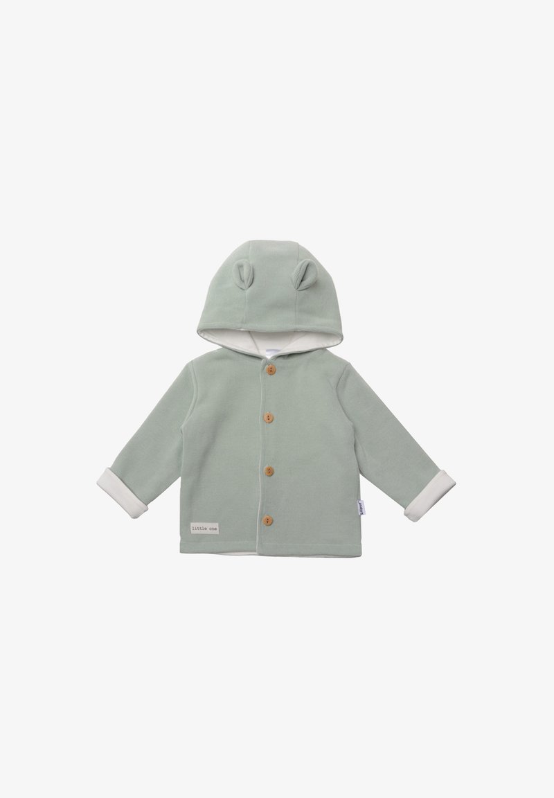 Soft green baby jacket with hood featuring small fabric ears, wooden buttons down front, and white rolled cuffs.