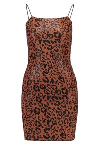 Robe mini à imprimé léopard avec des couleurs marron et noir, bretelles spaghetti, design épuré et finition brillante.