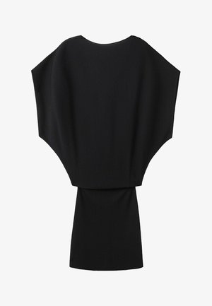 Zwarte jurk met korte mouwen, brede vleermuisachtige mouwen en een nauwsluitende potloodrok-silhouet.