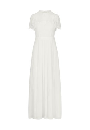 Weißes knielanges Kleid mit hohem Spitzen-Ausschnitt, kurzen Spitzensäumen und einem plissierten Rock. Hergestellt aus leichtem, strukturiertem Stoff.