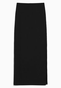 Svart midikjol i ett mjukt tyg, med rak skärning och en sidoklyv för ökad rörelsefrihet. Ingen mönstring eller utsmyckningar.