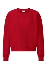 Červený crewneck sveter s voľným strihom. Má rebrované manžety a spodný lem, hladký materiál a žiadne viditeľné vzory ani ozdoby.