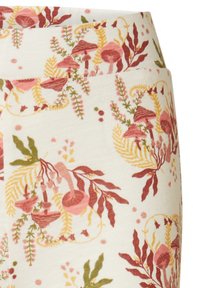 Blomstrede leggings med en cremefarvet baggrund, der præsenterer pink svampe og grønne blade mønstre, blød tekstur og en tætsiddende design.