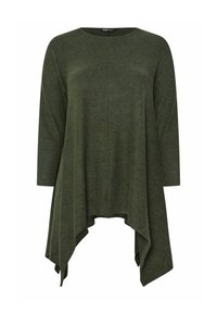 Mörkgrön tunika med rund halsringning och trekvartsärmar. Asymmetrisk nederkant med avslappnad passform, tillverkad av mjukt, texturerat tyg.
