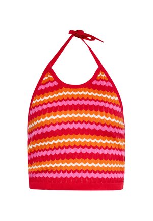 Top halter rosso con motivo a zigzag nei toni di rosa, arancione e bianco. Realizzato in tessuto a coste, presenta lacci al collo.