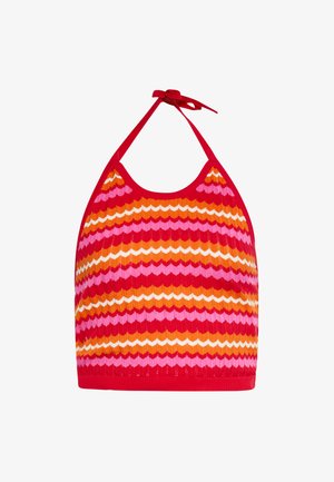 Top halter rosso con motivo a zigzag nei toni di rosa, arancione e bianco. Realizzato in tessuto a coste, presenta lacci al collo.