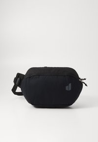 Black nylon pouch with a smooth texture, zip closure, side strap, and a small logo in gray. Compact, rounded design with minimal accents.