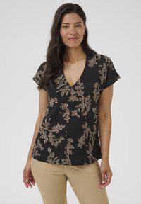 Blusa nera a V con maniche corte, caratterizzata da ricami floreali in bronzo e beige. Tessuto texturizzato con una vestibilità rilassata.