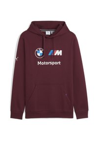 Felpa bordeaux con cappuccio e tasca a marsupio, con i logo BMW e Motorsport in bianco e blu, e un logo Puma sulla manica sinistra.