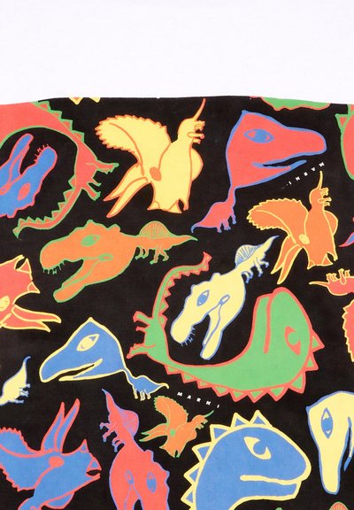 Illustrations colorées de dinosaures en rouge, bleu, jaune, vert sur fond noir, présentant différentes espèces de dinosaures et des styles cartoon.