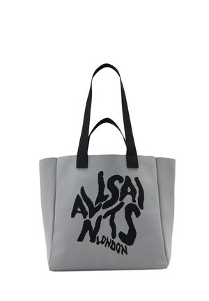 Borsa a spalla in tessuto grigio con testo ondulato nero "ALLSAINTS LONDON" e due manici neri.