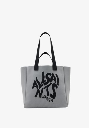 Bolsa de tela gris con texto negro ondulado "ALLSAINTS LONDON" y dos asas negras para el hombro.