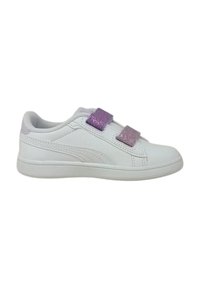Sneaker bianco con due cinturini in velcro glitterati viola, superiore in pelle liscia e suola in gomma. Design minimalista con dettagli ricamati.