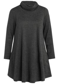 Dark gray long-sleeve tunic with a cowl neck, featuring a relaxed silhouette and a textured knit fabric. Flared hem and side pockets.
