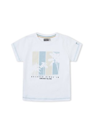 Camiseta blanca de manga corta con rayas verticales azules y beige, gráfico de palmeras blancas y texto "Vibras relajadas en la isla Coconut."