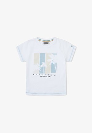 Camiseta blanca de manga corta con rayas verticales azules y beige, gráfico de palmeras blancas y texto "Vibras relajadas en la isla Coconut."