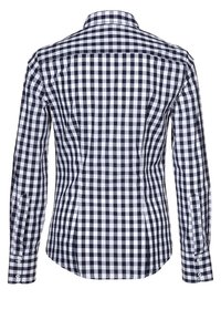 Marinblå och vit rutig långärmad skjorta med spetsig krage, knäppta manschetter och skräddarsydd passform, som har ett mjukt bomullstyg.