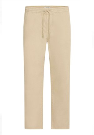 Beige bomullsbukser med elastisk midjebånd og justerbar snor. Rett ben-design, glatt tekstur og uten synlige mønstre.