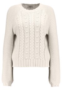 Cremefarbenes Strickpullover mit Zopf- und Bobbelmustern, langen Ärmeln, gerippten Bündchen und Saum sowie rundem Halsausschnitt.