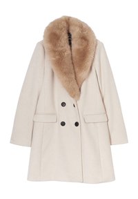 Manteau en laine beige avec un col en fausse fourrure, design croisé, boutons noirs et deux poches avant.