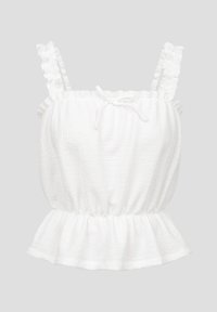 Hvit peplum-top med teksturert stoff. Volanger på stroppene og snøring i halsen. Lett og pustende materiale.